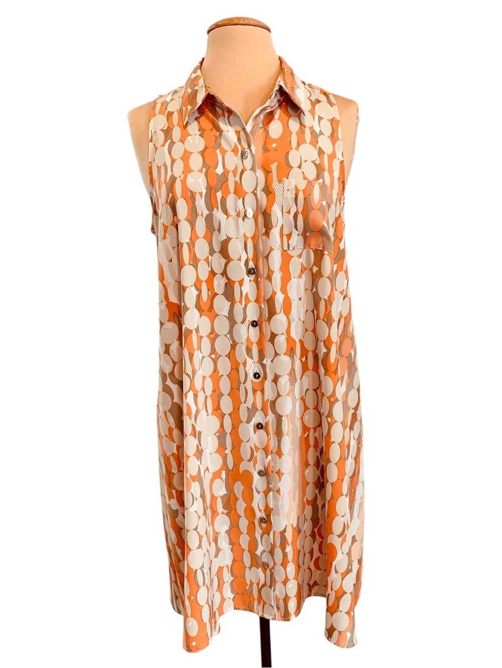 Alfani Orange White Taupe Shirt Swing Aline Button front sleeveless Dress 10